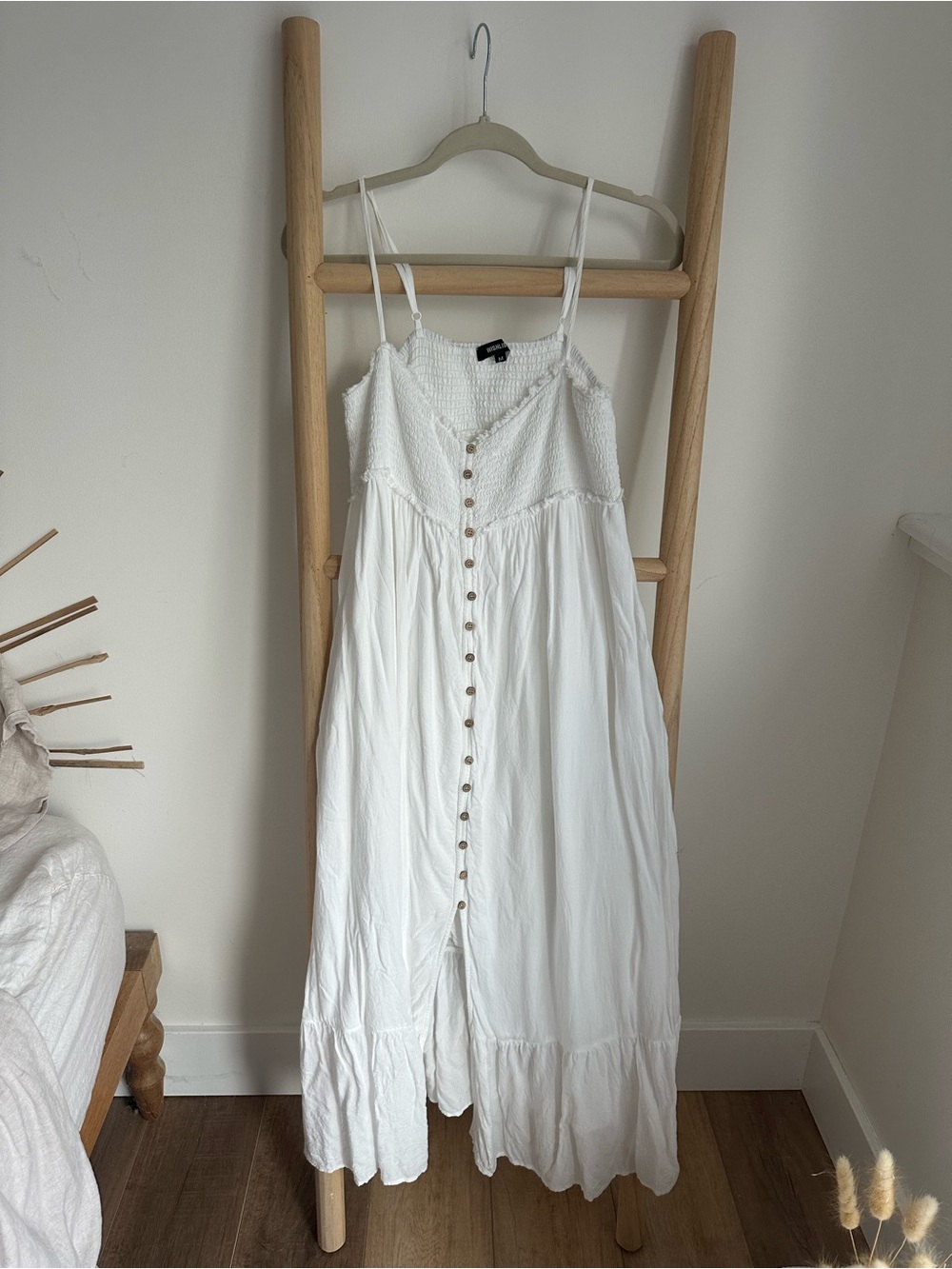 White Smocked Maxi Dress with Button Front - Picture 2 of 6